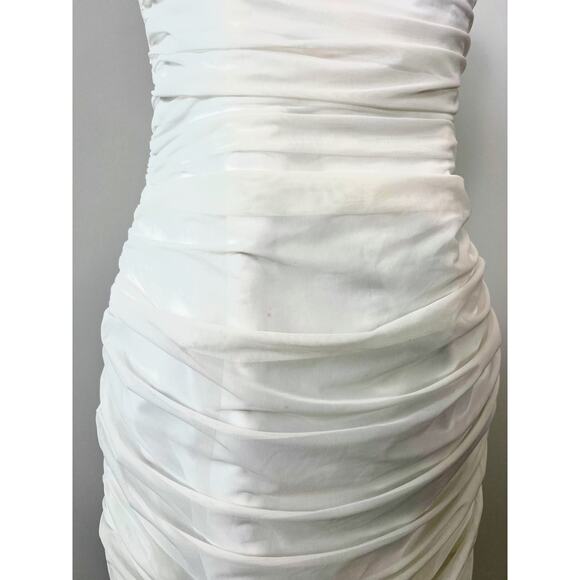 Majorelle Ursula Mini Dress in White Medium Asymmetrical Strapless Ruched Mesh - Picture 5 of 9